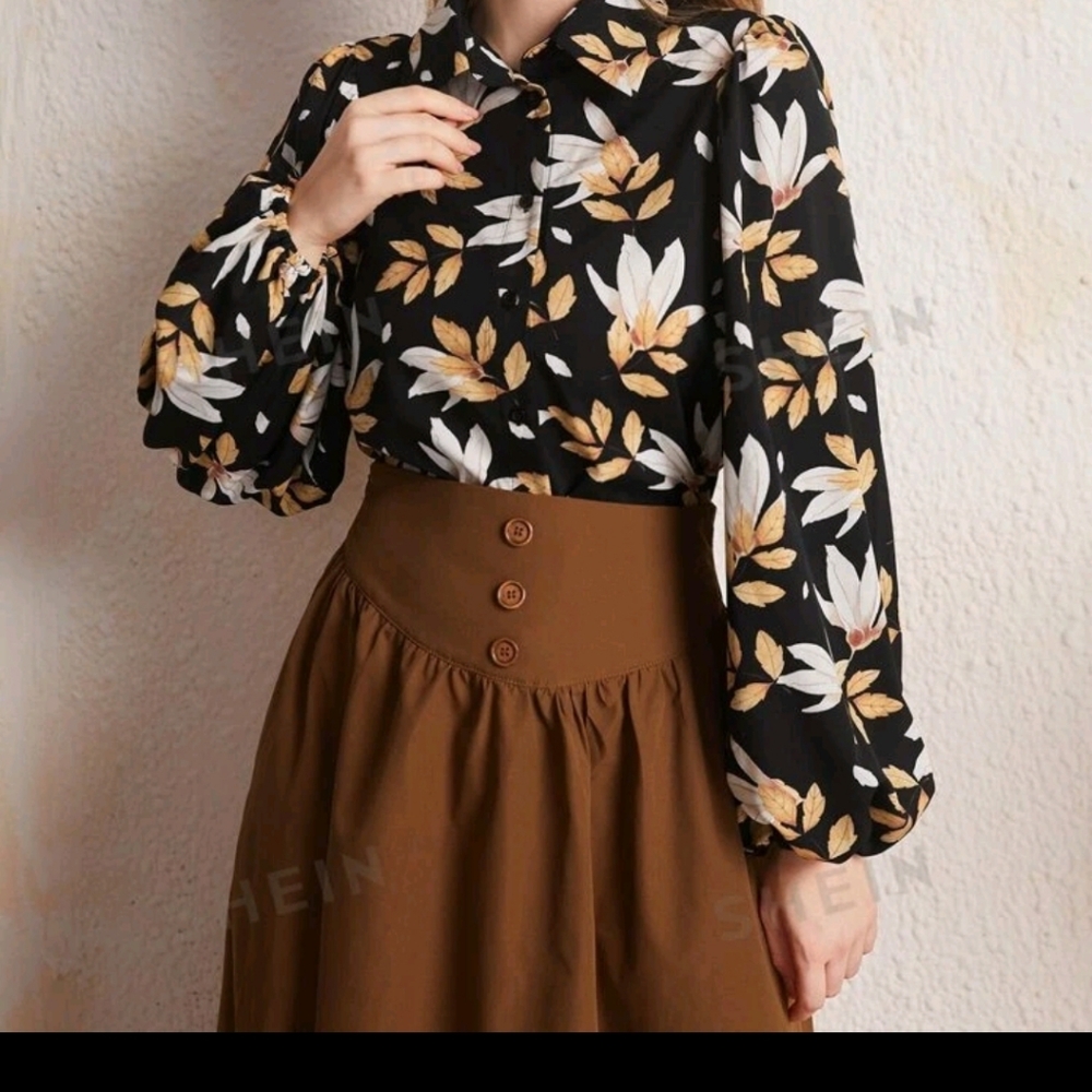 Leaf Print Lantern Sleeve Button Front Blouse & C… - image 2